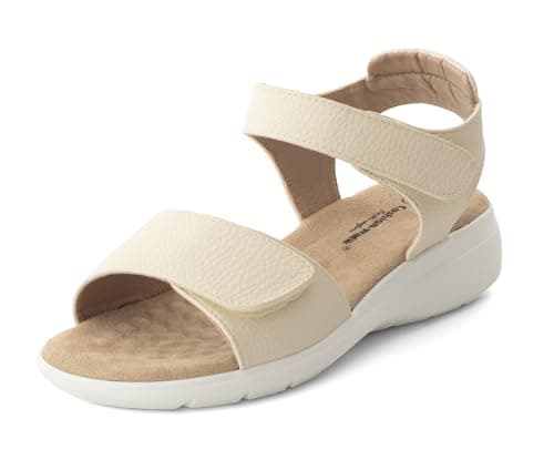 Image of Cushion Walk Women's Extra Wide EEE Fit Sandals, Adjustable Double Touch Fastening Straps Low Wedge with Extra Thick Cushioned Insole, Padded Heel Strap Comfortable Summer Shoes (Size 5 UK, Cream)