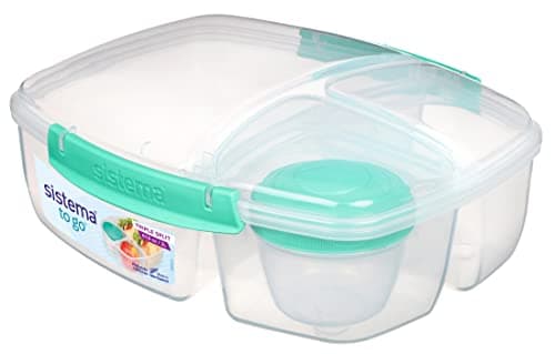 Image of Sistema To Go Triple Split Lunch Box with Yoghurt Pot | 2L Air-Tight and Stackable Food Storage Container | BPA-Free | Minty Teal
