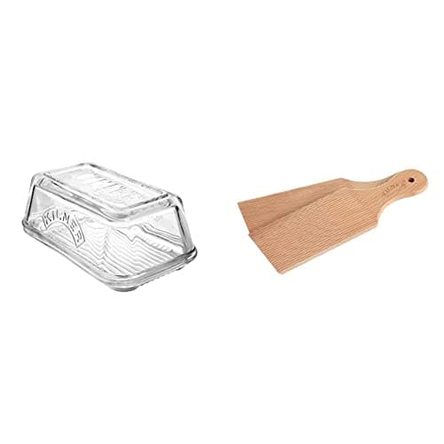 Image of Kilner Vintage Glass Butter Dish with Lid & Set of 2 Wooden Butter Paddles For Homemade Butter