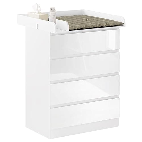 Image of WOLTU Baby Changing Table with 4 Drawers, Dresser Unit for Nursery and Bedroom, MDF + Particleboard, White & High Gloss White