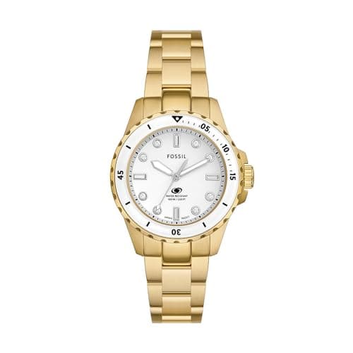 Image of Fossil Blue Dive Watch for Women, Quartz Movement with Stainless Steel or Leather Strap, Gold Tone and White