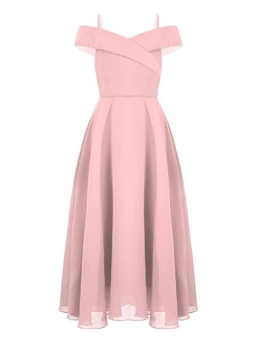 Image of Yhong Girls Cold Shoulder Adjustable Straps Junior Bridesmaid Dress Pageant Dance Prom Maxi Dresses Pink 15-16 Years