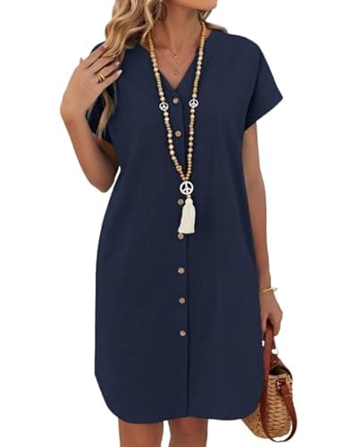 Image of Zeagoo Womens Shirt Dresses Linen Summer Dress Short Sleeve Casual Blouse Dresses Mini Solid Beach Dress with Pockets Navy Blue XXL