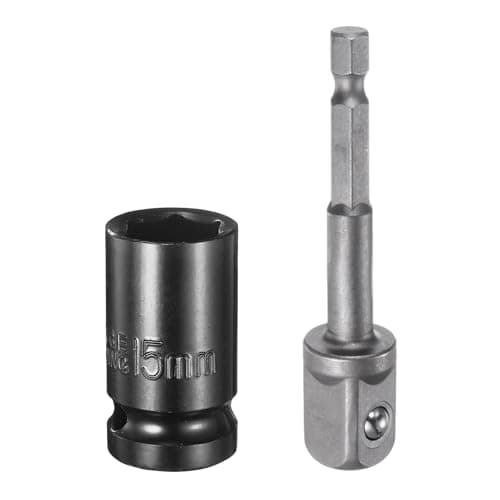 Image of sourcing map Deep 6-Point Impact Socket 1/2" Drive 15mm Metric Socket 1.5" Length with 1/4" Hex Shank Adapter, CR-V Steel Socket Adapter Accessory Tool Set Kit for Hex Bolts Nuts