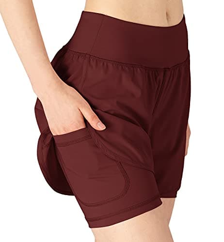 Image of donhobo Womens Running Gym 2 in 1 Sports Shorts with Pockets,Breathable Quick Dry Fitness Shorts for Workout Training Yoga Jogging Pilates Red XL