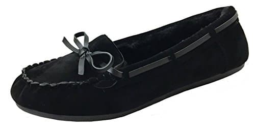 Image of Women' Faux Soft Suede Fur Lined Moccasin Loafer Slippers (Mocassin-07) Black 5.5 M US
