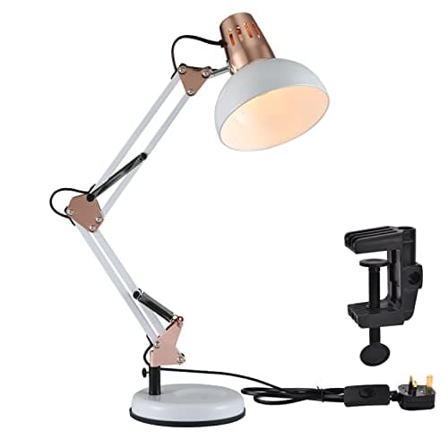 Image of TEKLED® LED Desk Lamp | Adjustable Swing Arm | Replaceable E27 Edison Screw Bulb Holder | Flexible Table Clamp | for Bedside Reading Office Work Students (Swing Arm Gold White)