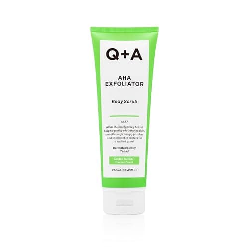 Image of Q+A AHA Exfoliator Body Scrub (250ml), Exfoliating Body Scrub with AHA and Lactic & Glycolic Acid, Smooths Rough Dry Skin, Brightens & Hydrates, Vanilla & Coconut Scent