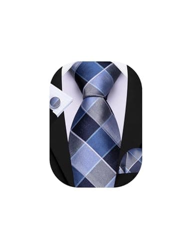 Image of Barry.Wang Navy Blue Silver Check Tie Men's Silk Plaid Necktie Pocket Square Cuff Links Sets Formal Wedding