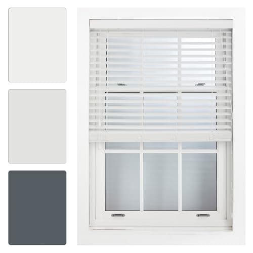 Image of FURNISHED White Faux Wood Venetian Blinds 50mm Easy Fit Trimmable Child Safe Home Office Window Blinds, 110cm x 150cm