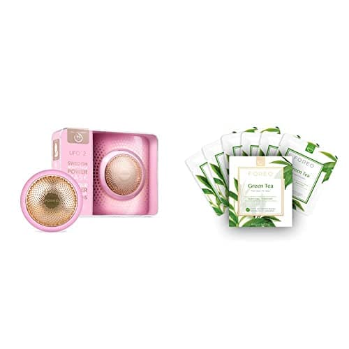 Image of FOREO UFO 2 Pearl Pink Supercharged 2-min Full Facial, Warming, Cooling, Advanced Temperature Control & Green Tea UFO Activated Facial Mask for Blemish-Prone Oily Skin, 6 pack, Purifying