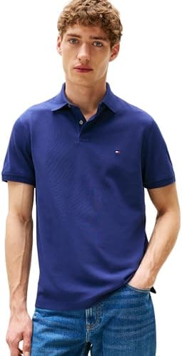 Image of Tommy Hilfiger Men’s Short Sleeve Regular Fit Polo Shirt with Button Placket, Blue (Preppy Navy), XS