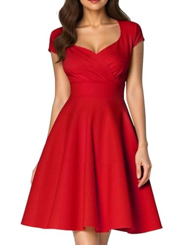 Image of Fynadressr Red Wedding Guest Prom Party Dress for Women 1950s Vintage Cocktail Dress Sweetheart Neckline Rockabilly Swing Dress Red M