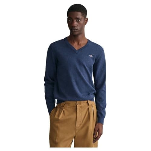 Image of GANT Men's Classic Cotton V-Neck Jumper, Dark Denim Blue Melange, XL