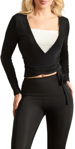 Image of Siyova Women Long Sleeve Cross Wrap Tops Casual Slim Fitted Shirts Deep V-Neck Tie Tops Workout Pilates Ballet Yoga Gym Sports Top Cardigan (Black, M)
