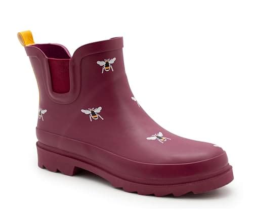 Image of IMTY Womens Waterproof Ankle Boots Wellingtons Ladies Slip On Short Chelsea Rain Boots Festival Gardening Wellie Boots (Burgundy Bee, 7, UK Footwear Size System, Adult, Women, Numeric, Medium, 7)