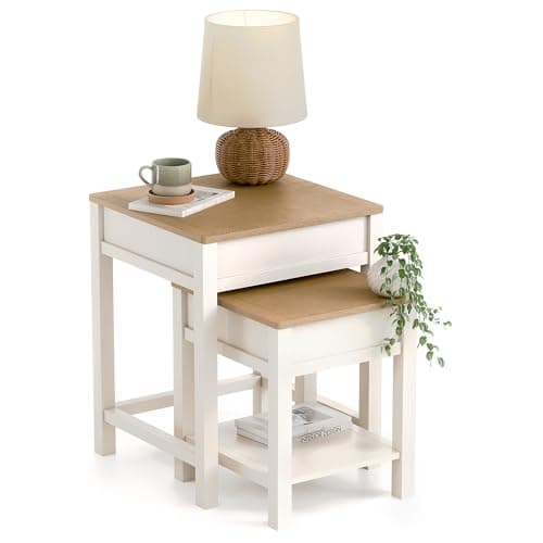 Image of CHRISTOW Nest of Tables with Storage, Set of 2 Side Tables with Removable Oak-Effect Tops, Space-Saving Nesting Design for Living Room, Sturdy MDF with Matte Painted Cream Finish, H53 x W43 x D41cm