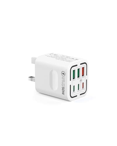 Image of Tupneuf USB C Plug UK for iPhone 17, 50W 6-Port Fast Charging Plug (30W PD + 18W QC + 4 Share), Multi Wall Charger Power Adapter for iPhone 17 Pro Max 16 15 14 13 12 11 Pro Max Plus XS XR SE 8,iPad