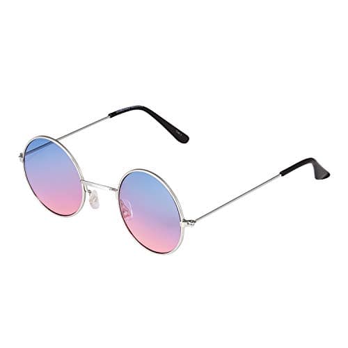 Image of Ultra Retro Round Sunglasses Metal Frame Circle Lens UV400 Protection Unisex Vintage Style Mens Womens Shades - Silver with Blue to Pink Lenses