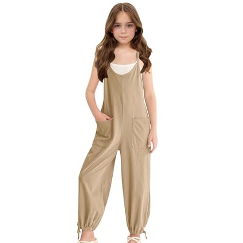 Image of Girls Adjustable Spaghetti Strap Jumpsuits Kids Sleeveless Casual Loose Overalls with Pockets Solid Color Comfy Cool 𝐃ungarees Cotton Soft Outfits (Beige, 11-12 Years)