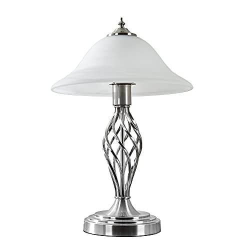 Image of MiniSun | Traditional Style Satin Nickel Barley Twist Table Lamp with a Frosted Alabaster Shade - Complete with a 6w LED Bulb [3000K Warm White] | Table Lamps & Home Essential | Mains Wired