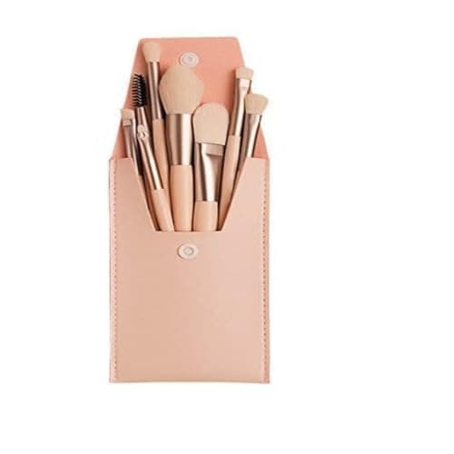 Image of 8-Piece Makeup Brush Set with Faux Leather Bag Wood & Aluminum Handle for Foundation,Powder,Blush and Eyeshadow