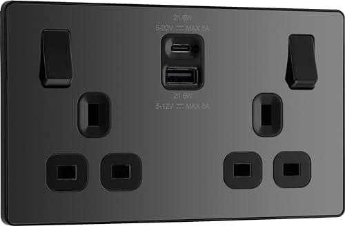 Image of BG Electrical 22W Double Switched Power Wall Plug Socket with Fast Charge Type A and Type C USB Charging Ports, Evolve, Black Chrome, 13A, PCDBC22UAC22B
