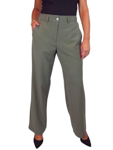 Image of Paulo Due Women's Straight Leg Trousers with Half Elasticated Waistband Ladies Tailored Office Work Trousers Khaki Green 8-22 (12)
