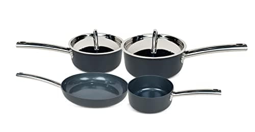 Image of 4 Piece Hard Anodised Cookware Set in Grey, Non Stick Starter Pans & Frying Pan, Induction and All Hob Compatible. Oven Safe
