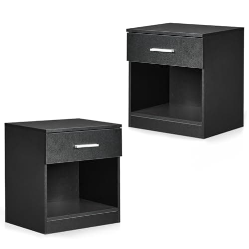 Image of Karl home Set of 2 Modern Bedside Table with 1 Drawer & Open Shelf, Black Nightstand with Metal Handles, Wooden End Table for Bedroom, Living Room, Office (39x28x41cm)
