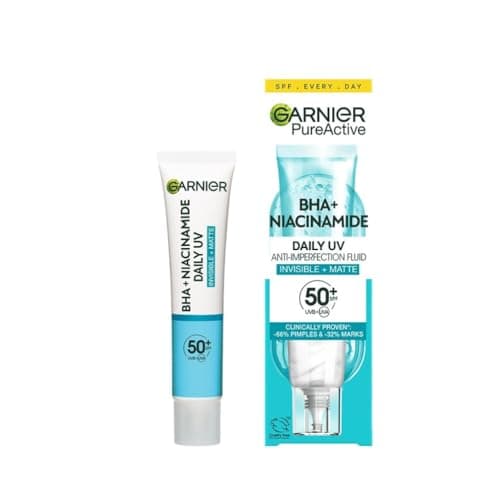 Image of Garnier Sunscreen, With SPF50, Anti Imperfection Fluid, Prevents & Corrects Sun Damage, Invisible and Matte Finsih, Pure Active BHA + Niacinamide Daily UV, 40ml