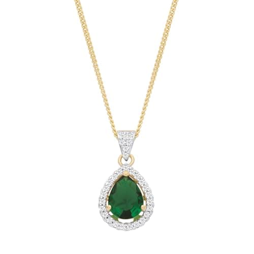 Image of Old English Jewellers 9ct Yellow Gold on Silver Emerald & CZ Teardrop Cluster Pendant Necklace 16" 18" 20" Chain Option (20)