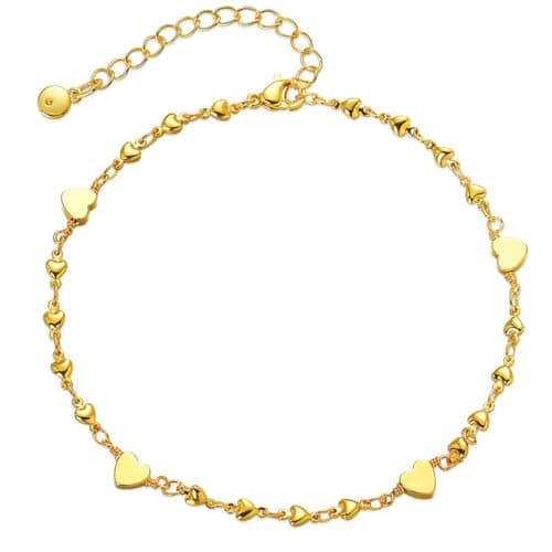 Image of Ecripe 18K Gold Plated Anklet for Women, Heart Foot Chain Love Ankle Bracelet, Adjustable Boho Beach Beaded Anklet Communion Gifts for Girls