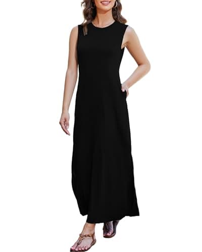 Image of LUYANA Womens Casual Summer Maxi Dress Basic Sleeveless Long Dress with Pockets Black L