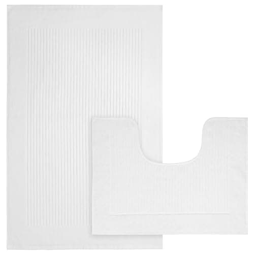 Image of Olivia Rocco Monaco 2 Piece Bath Mat & Pedestal Set, Super Soft Cotton Non Slip Bathroom Set Water Absorbent Bathmats for Bathroom Floor Quick Dry Bath Rug Foot Mat, White