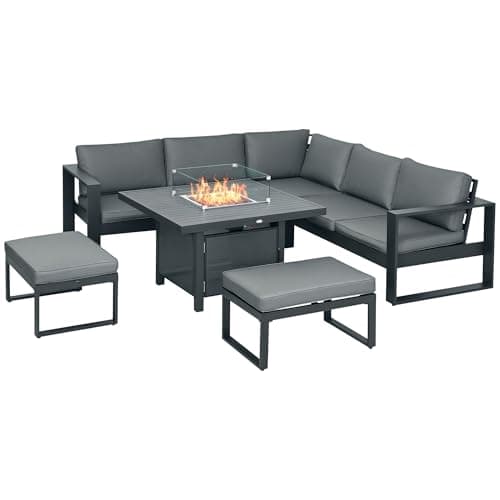Image of Outsunny 6-Piece Aluminium Garden Furniture Set with Fire Pit Table, Outdoor Dining Sofa Set with Cushions, Loveseats and Footstools, Sectional Corner Conservatory Furniture for Patio, Grey