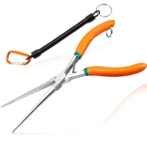 Image of LEONTOOL Long Reach Needle Nose Pliers 7" Thin Extra Long Needle Nose Pliers with Serrated Jaw Lanyard Double Leaf Spring Loaded for Jewelry Making Electrician Repair Tools
