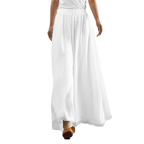 Image of Womens Cotton Linen Pants Elasticated High Waisted Wide Leg Palazzo Lounge Smart Office Work Trousers Loose Lightweight Summer Beach Yoga Pants Flowy Casual Culottes with Pocket White