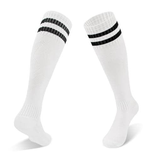 Image of Kids Football Socks Breathable Long Striped Unisex Athletic Socks Soccer Socks Crew Socks Knee High Running Training Sports Socks Children Boys Girls 7-13 Years, White with Black Stripes