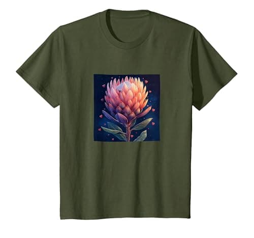 Image of Protea Flowers and Hearts Boho Style Graphic T-Shirt, Youth, Olive Green, Large