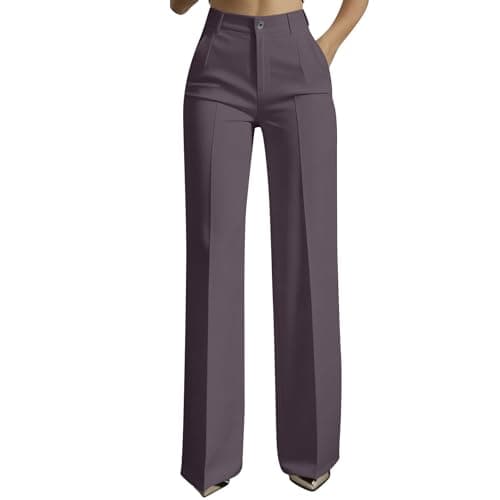 Image of Hiking Trousers Women High Waisted Wide Leg Suit Pants Smart Office Work Business Casual Formal Dress Pants Elegant Full Length Comfort Half Elastic Waist Tailored Straight Leg Trousers with Pockets