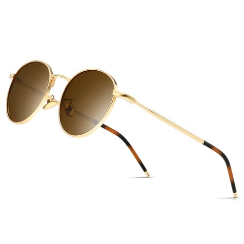 Image of SUNGAIT Round Vintage Polarized Sunglasses Classic Retro Metal Frame Sunglasses Circular for Women Men(Gold Frame/Polarized Brown Lens)-SGT059JKCUK
