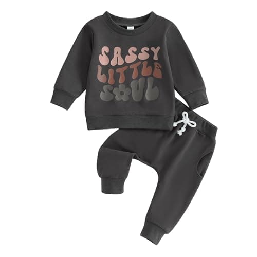 Image of XIXIMAON Toddler Baby Girls Clothes 2 Pieces Jogger Set Pink Sassy Girls Suit Long Sleeve Sweatshirt Top Drawstring Pants Set Tracksuit Set (Dark Grey, 12-18 Months)