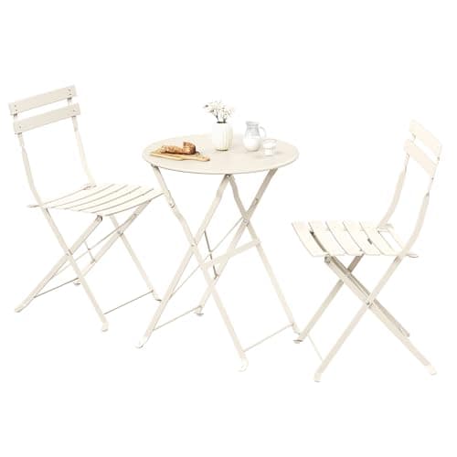 Image of SONGMICS 3-Piece Outdoor Bistro Set, Folding Patio Furniture Set with Table and 2 Chairs, Weather-Resistant Steel Balcony Furniture, for Balcony, Patio, Garden, Cappuccino Beige GGF036LZ01