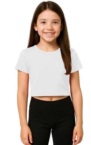Image of Re Tech UK - Cute Crop Tops for Girls | Soft Stretchy Fabric Girls' T-Shirts for Ages 5–13 | Perfect for School, Dance, Summer Days & Everyday Tween Style (White, 7-8)