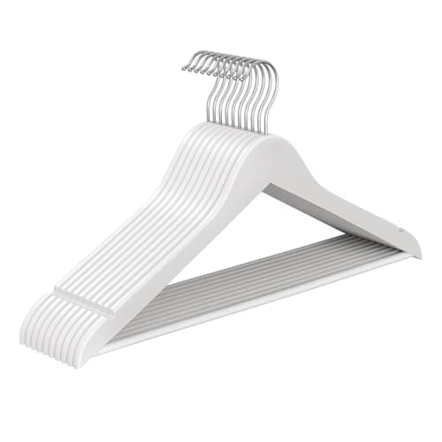 Image of SONGMICS Wooden Hangers, Pack of 10, Coat Hangers, Pants Bar, 360° Swivel Hooks, Solid Birch Wood, Space Saving, for Jackets, Shirts, Coats, Cloud White CRW035WZ01