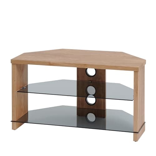 Image of Ttap Montreal TV Stand with wood top and sides, and tinted glass shelves (Light Oak, Length 800 mm)