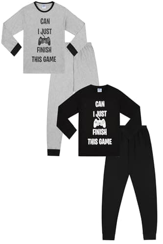 Image of ThePyjamaFactory Can I Just Finish This Game Long Black Grey 2 Pack Boys Pyjama Set PJs For Kids (13-14 Years)