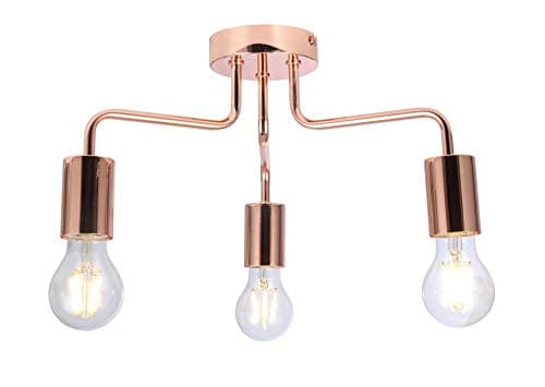 Image of UKEW 3 Way Retro Ceiling Light - Copper Vintage E27 LED Compatible Semi Flush Arm Lighting Fixtures for Modern Kitchen Bedroom Lounge