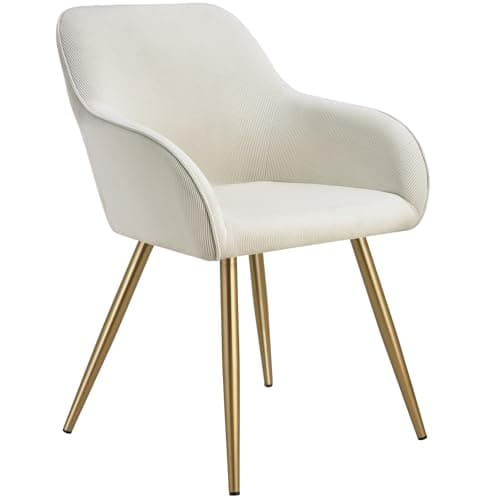 Image of tectake® Modern Dining Chair in Corduroy Look with Soft Padding, Upholstered Armchair with High Backrest, Slim Steel Legs & Quick Assembly - Ideal Dining, Kitchen & Bedroom Chair - Cream/Gold